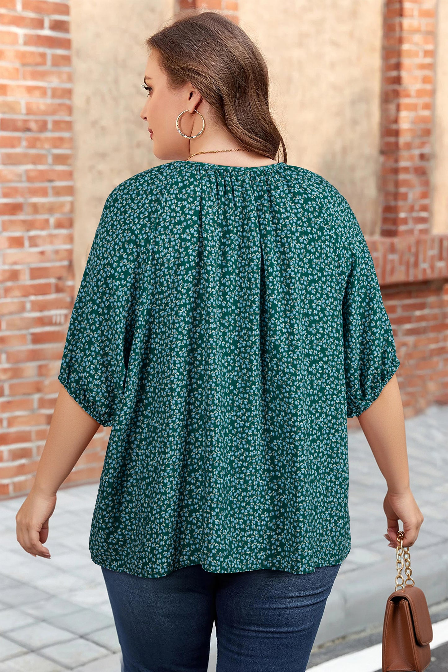 Plus Size Boho Floral Boho Notch V-Neck Top