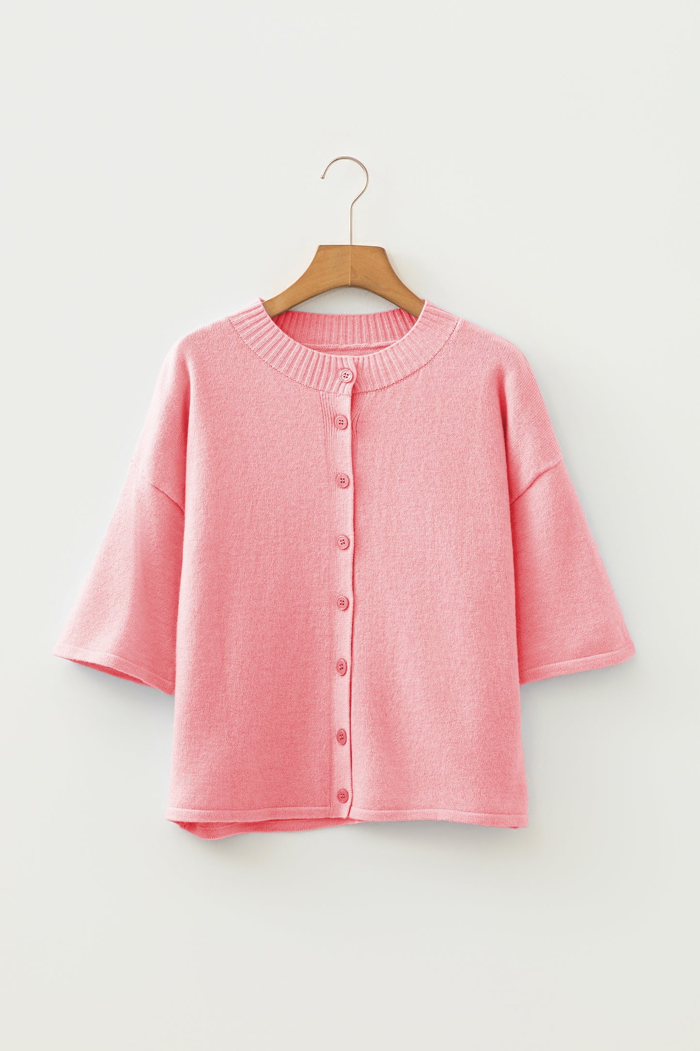 Solid 3/4 Sleeve Boxy Button-Down Cardigan