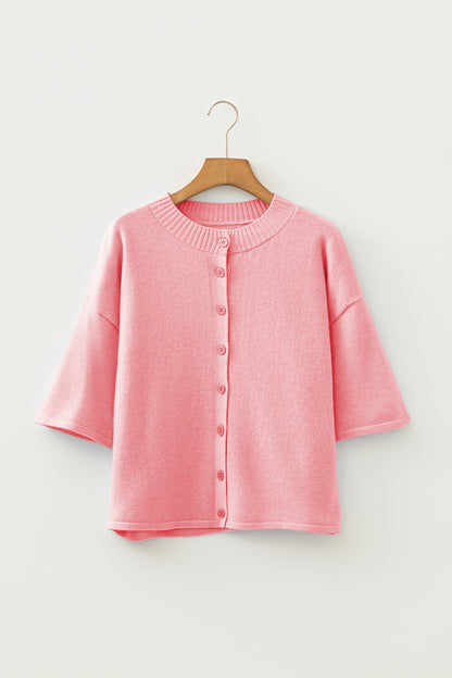 Solid 3/4 Sleeve Boxy Button-Down Cardigan
