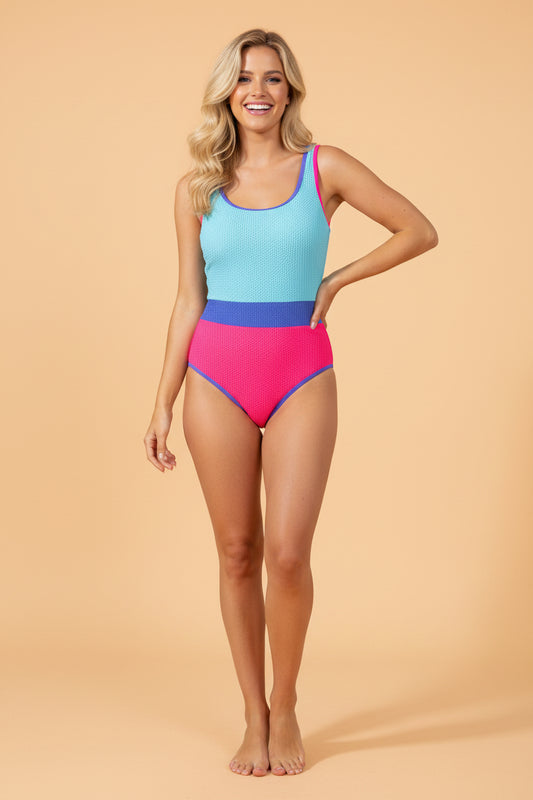 Colorblock Textured Patchwork One-Piece Swimsuit