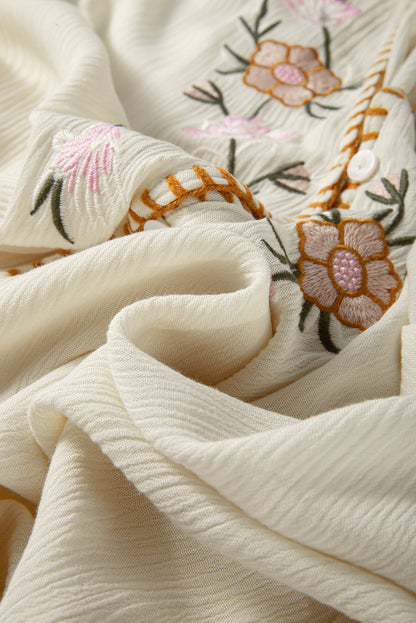 Floral Embroidered Textured Puff Sleeve Shirt