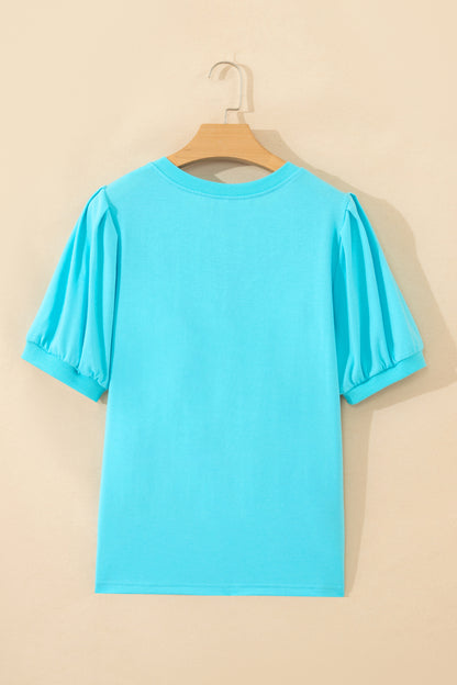 Solid V-Neck Short Puff Sleeve Blouse