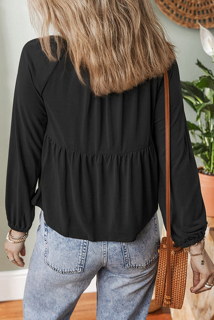 Solid Smocked Split V-Neck Buttoned Blouse