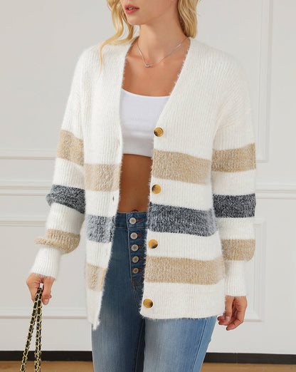 Stripe Button Front Fuzzy Cardigan