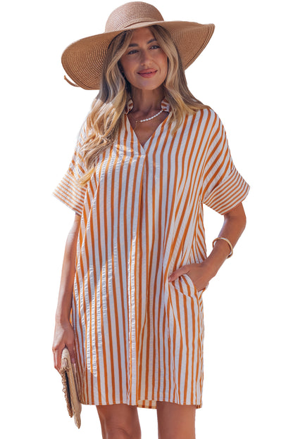 Stripe Pleated Frilled V-Neck Mini Dress