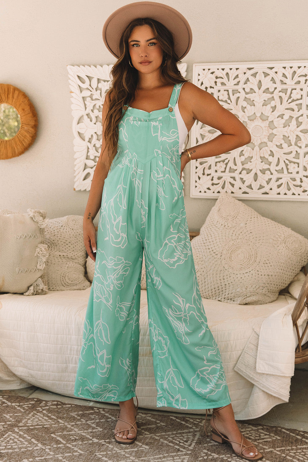 Abstract Bib Wide Leg Overall Jumpsuit