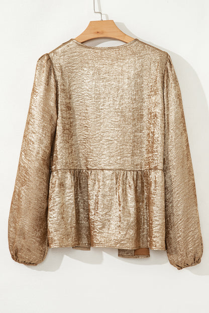 Metallic Tied Front Long Sleeve Babydoll Blouse