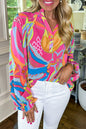 Abstract Ruffle Sleeve Buttoned V-Neck Blouse