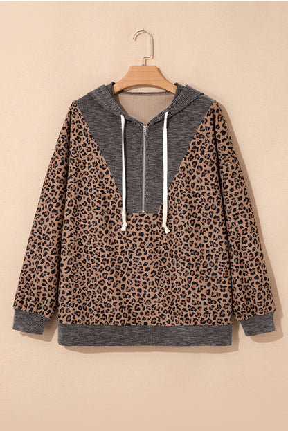Leopard Ribbed Knit Contrast Half-Zip Hoodie