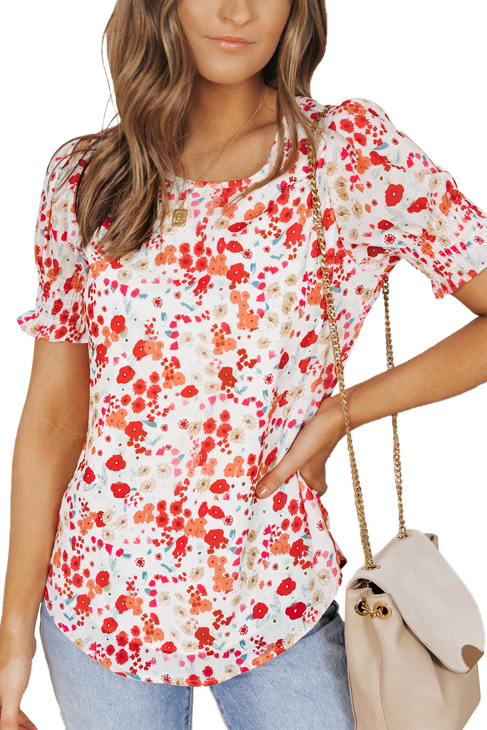 NEW! Floral Ruffle Bubble Sleeve Blouse