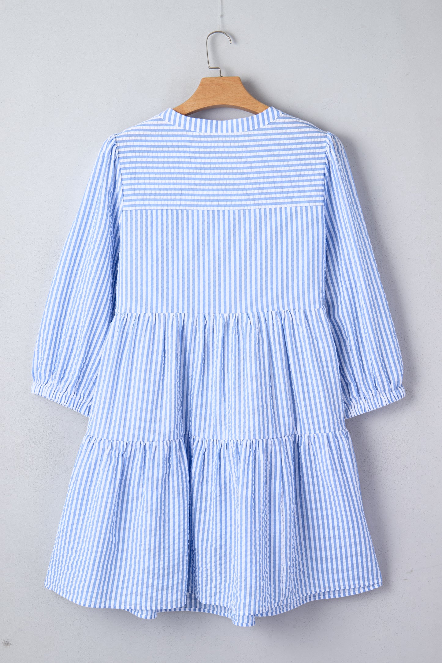 Plus Size Stripe Seersucker Notched Neck Tiered Dress