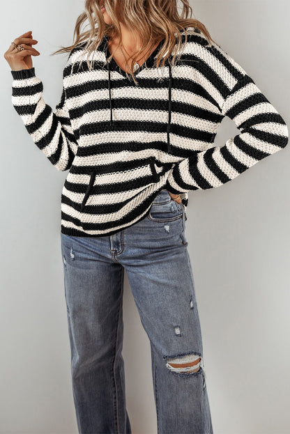 Stripe Drawstring Hooded V-Neck Sweater