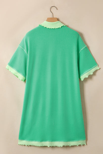 Colorblock Corded Knit Oversized Polo T-Shirt Dress