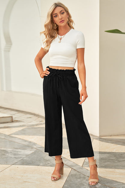 Solid Paperbag Waist Straight Leg Cropped Pants