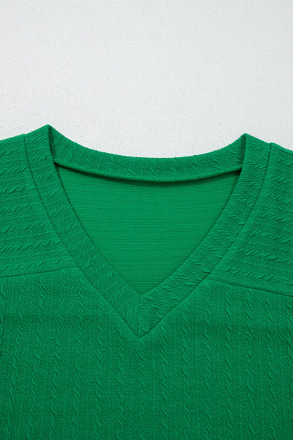 Cable Knit Textured V-Neck Short Sleeve T-Shirt