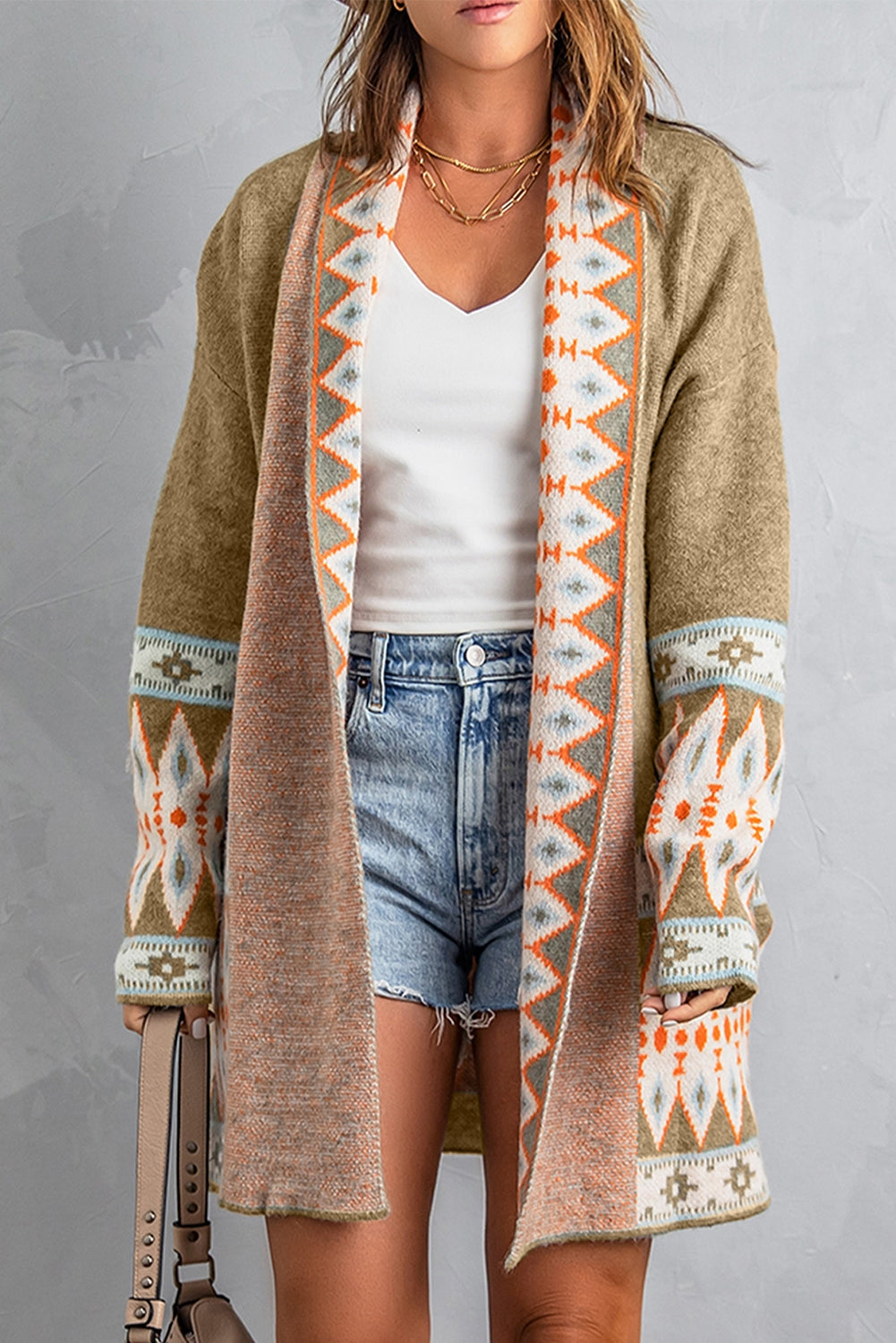 Aztec Border Open Front Cardigan