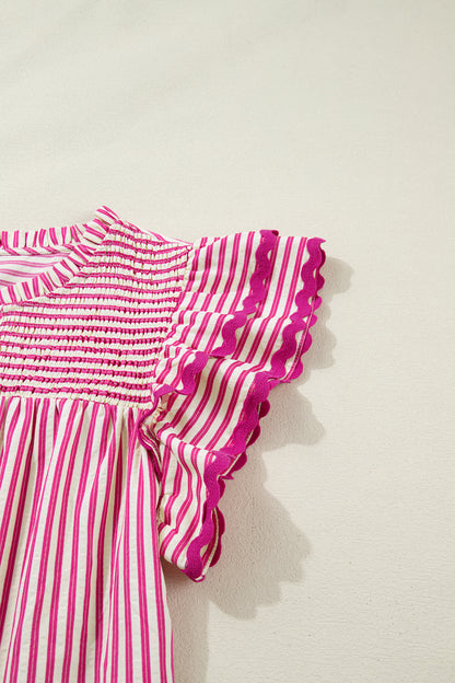 Stripe Smocked Yoke Short Sleeve Ruffle Blouse
