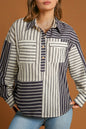 Stripe Patchwork Half Buttoned Blouse