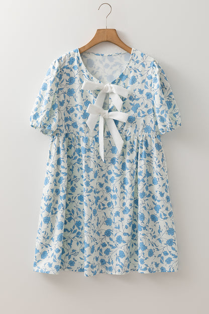 Floral Contrast Bow Puff Sleeve Mini Dress
