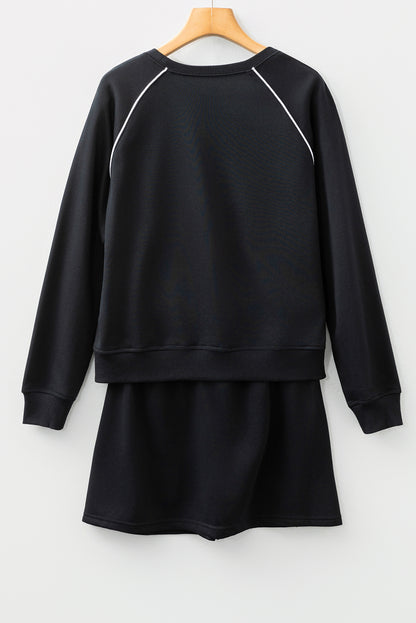 Patchwork Contrast Piping Pullover and Mini Skirt Set