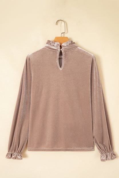 Solid Velvet Frilled Neck Long Sleeve Top