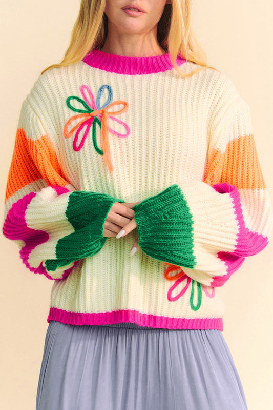 Colorblock Floral Cable Knit Sweater