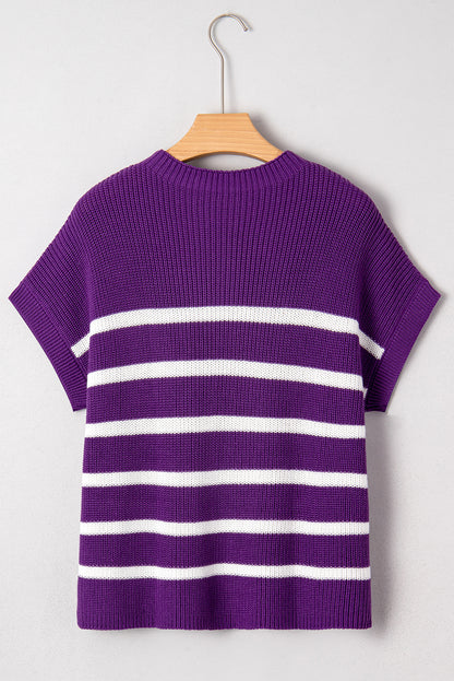 Stripe Patch Pocket Short Sleeve Knit Sweater