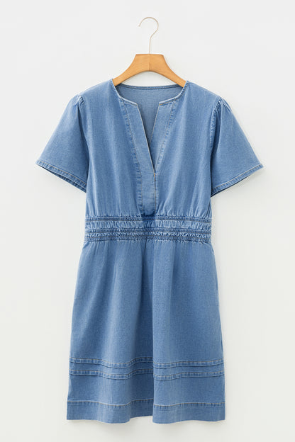 Denim Elastic Waist Short Sleeve Mini Dress