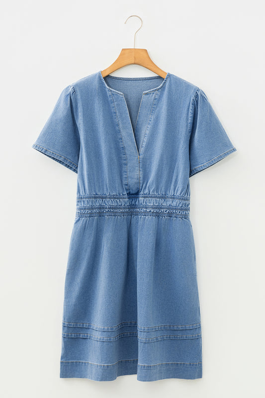 Denim Elastic Waist Short Sleeve Mini Dress