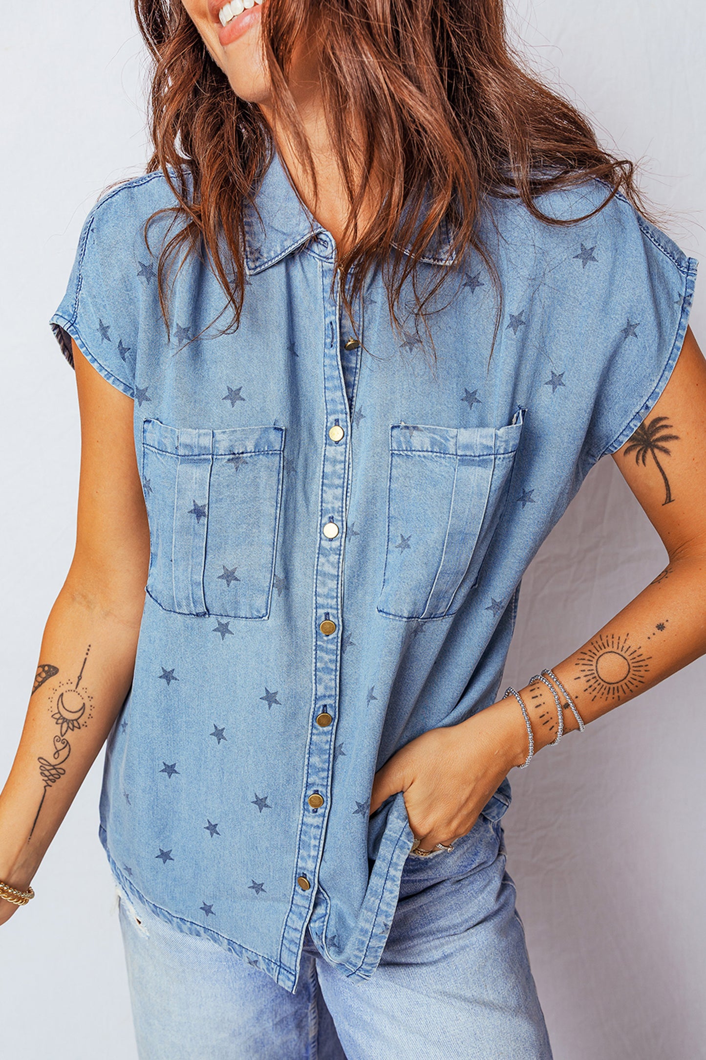 Star Denim Double Chest Pocket Short Sleeve Shirt