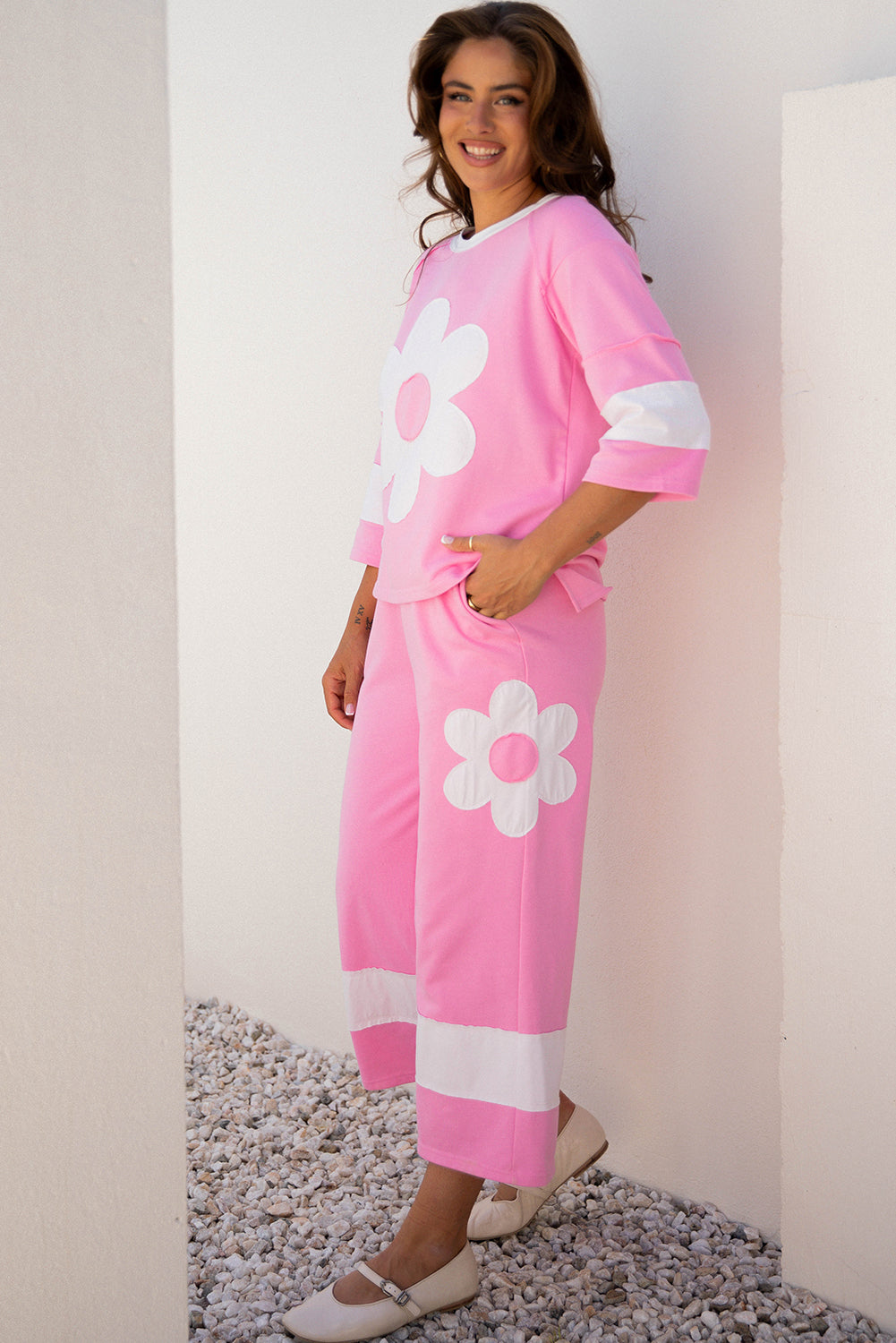 Floral Patchwork Raw Edge Top and Pant Set