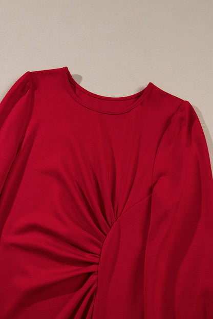 Solid Ruched Long Sleeve Midi Dress