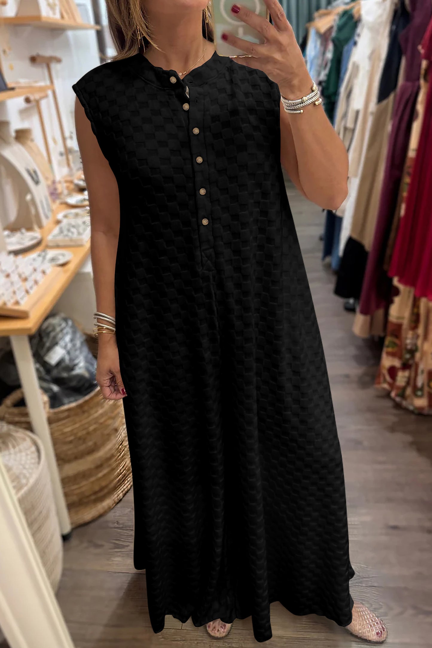 Checker Textured Sleeveless Wide Leg Jumpsuit