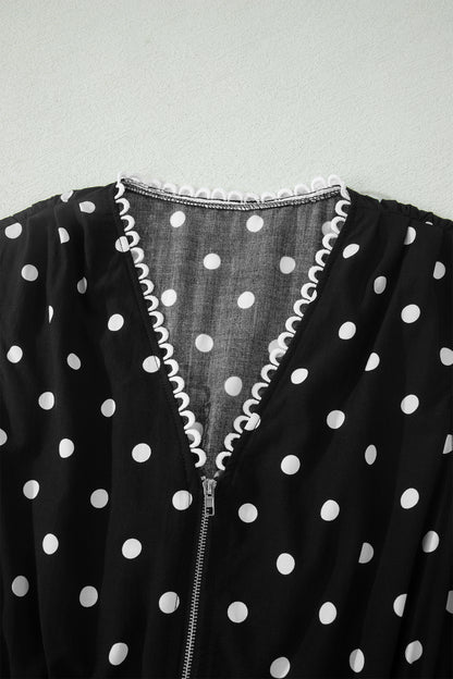 Polka Dot Zip Up V-Neck Sleeveless Dress