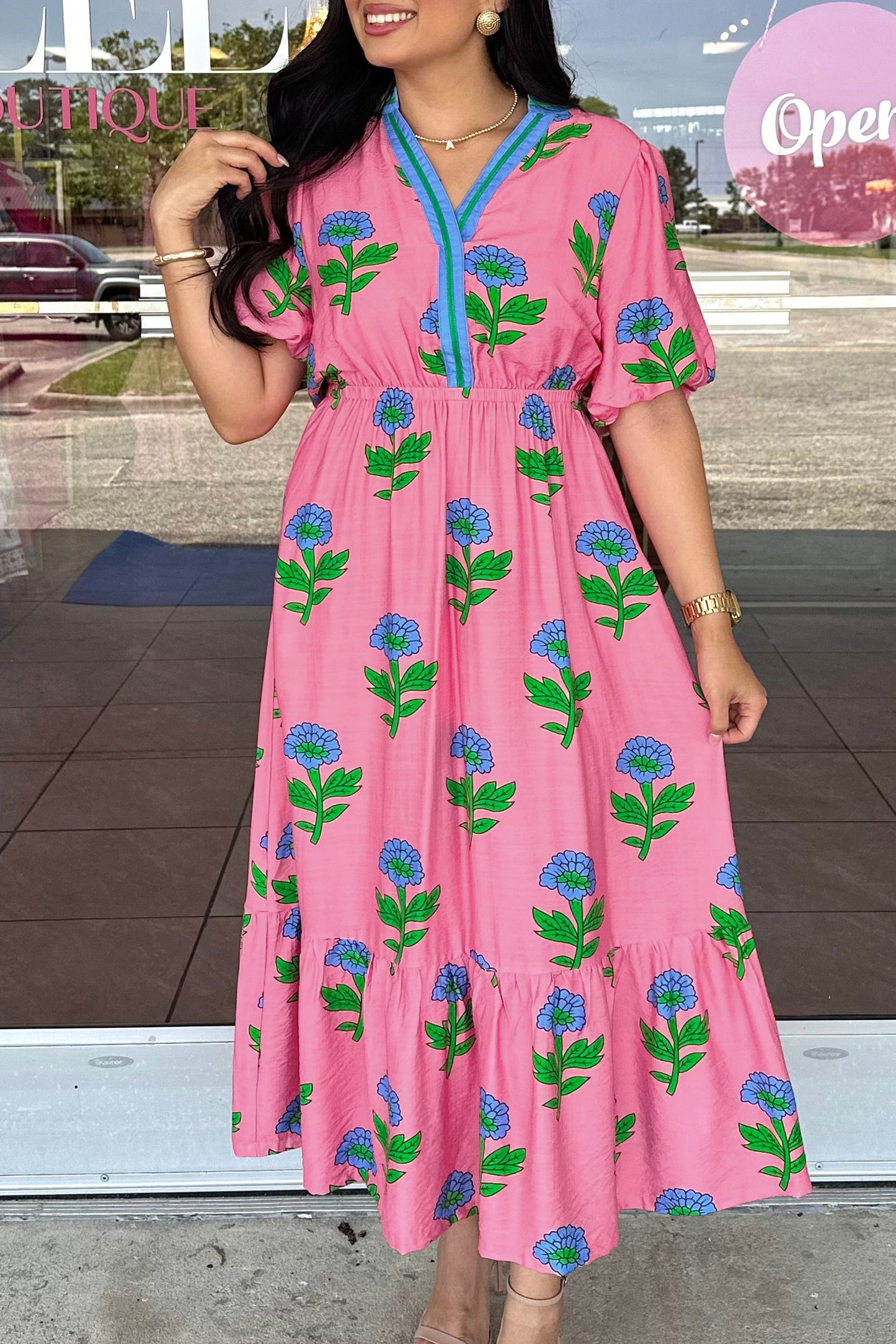 Plus Size Floral Stripe V-Neck Ruffle Maxi Dress