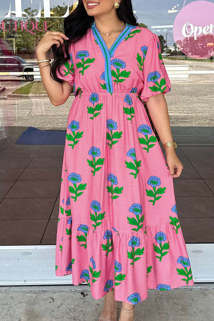 Plus Size Floral Stripe V-Neck Ruffle Maxi Dress