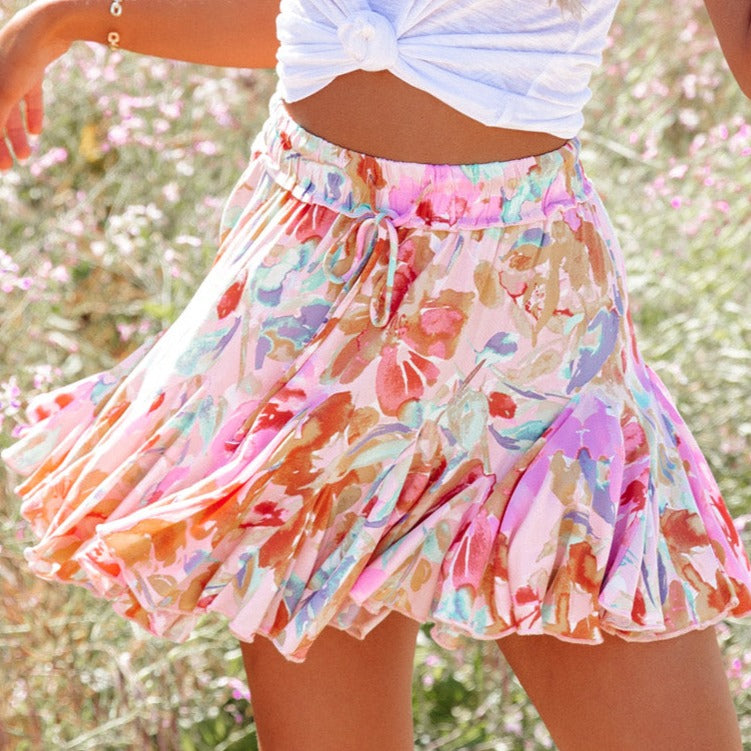 NEW! Artsy Floral Ruffled Mini Skirt