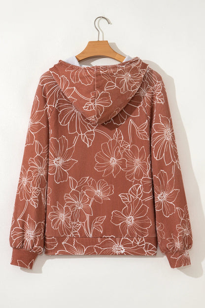 Floral Corded Knit Drawstring Kangaroo Pocket Hoodie