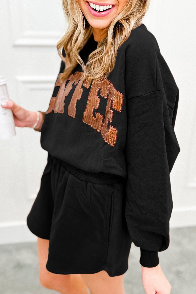 COFFEE Sequin Sweatshirt and Shorts Set