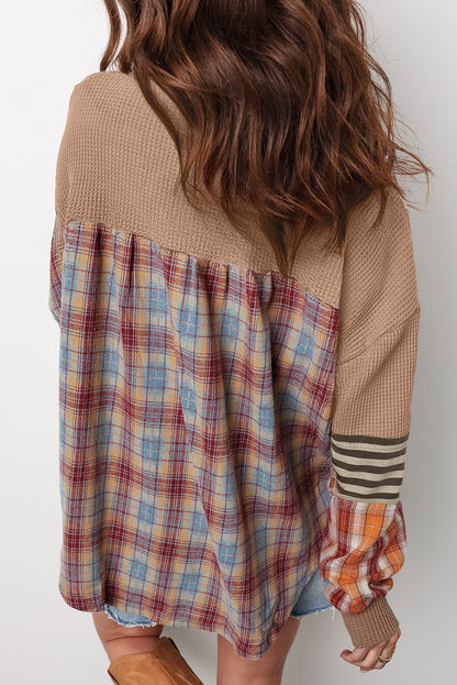 Stripe Plaid Patchwork Waffle Knit Henley Top
