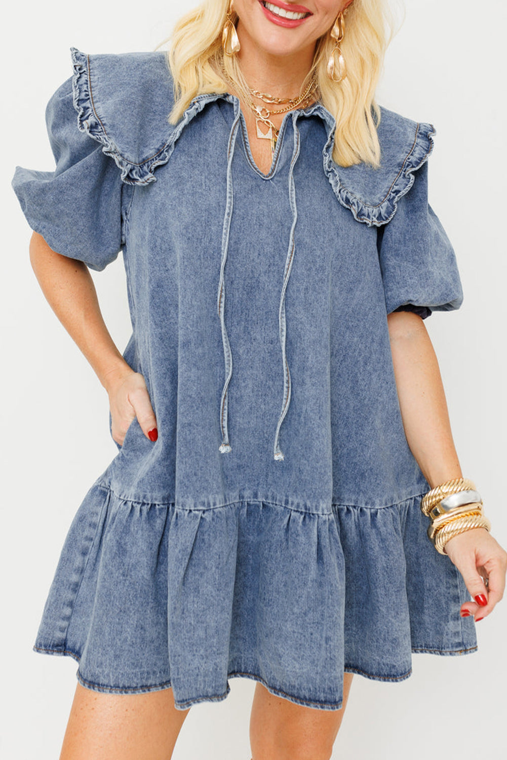 Denim Ruffle Collar Mini Dress