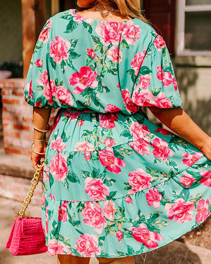 Floral Bubble Sleeve Dress Plus Size