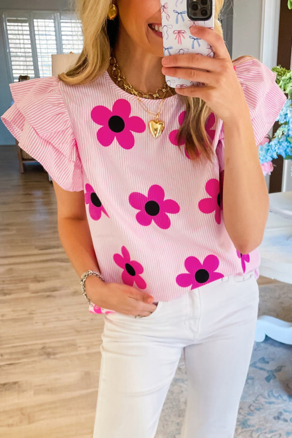 Floral Pinstripe Flutter Sleeve Blouse