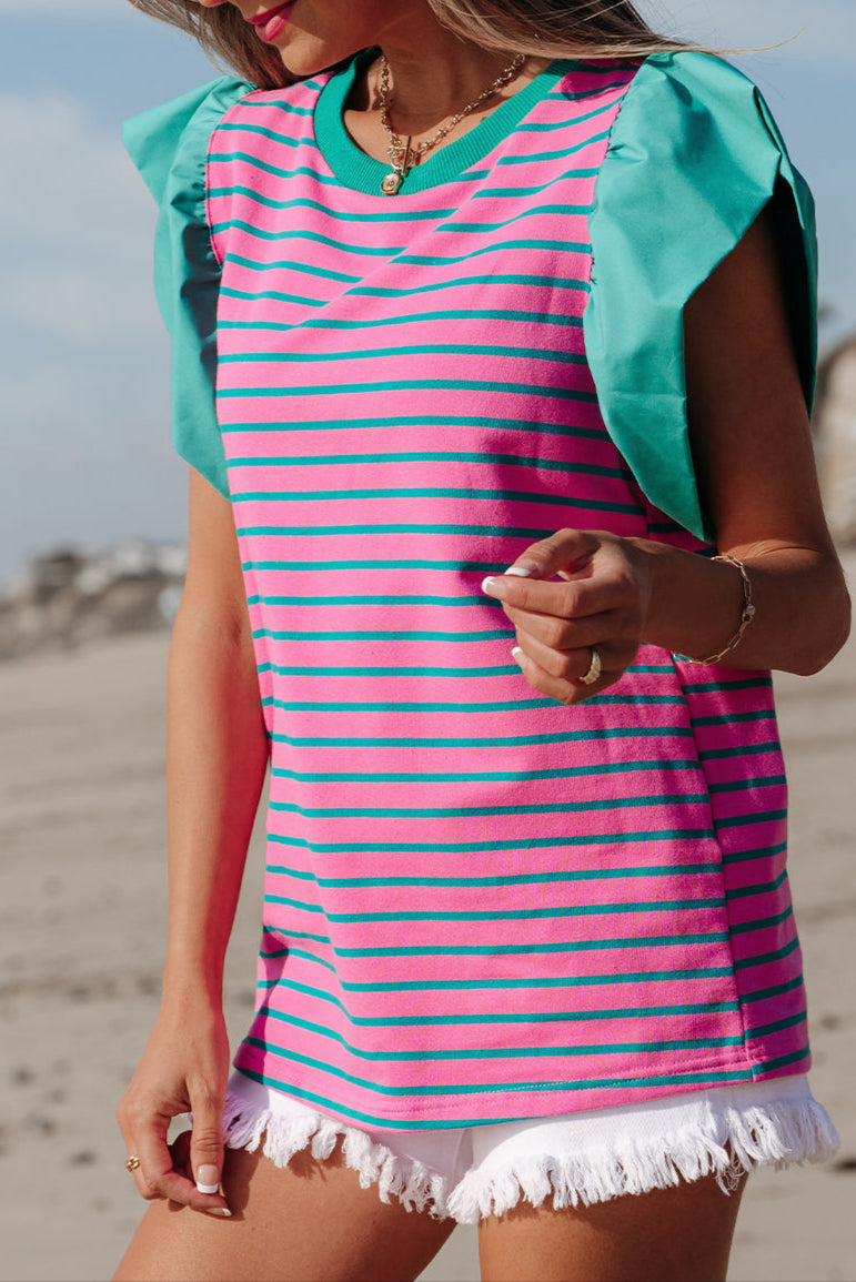 Stripe Colorblock Ruffle Sleeve Blouse