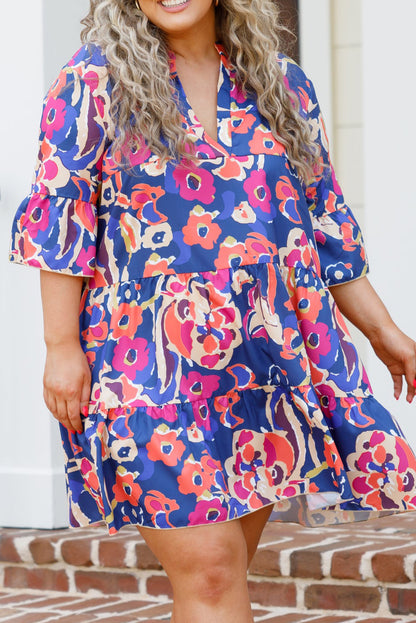 Floral Ruffle 3/4 Sleeve Dress Plus Size