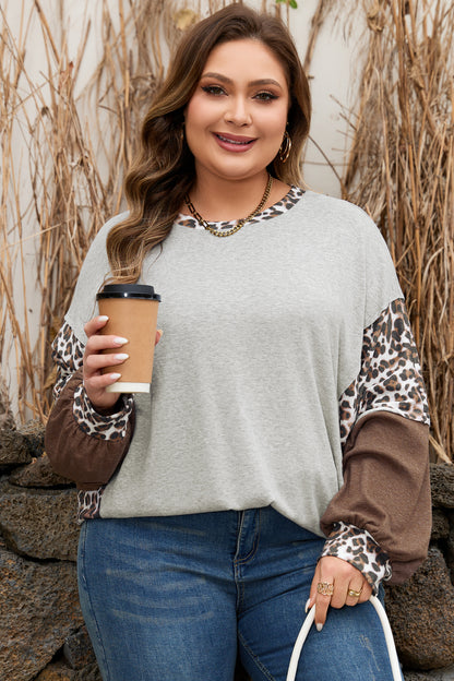 Plus Size Leopard Patchwork Dolman Sleeve Sweatshirt