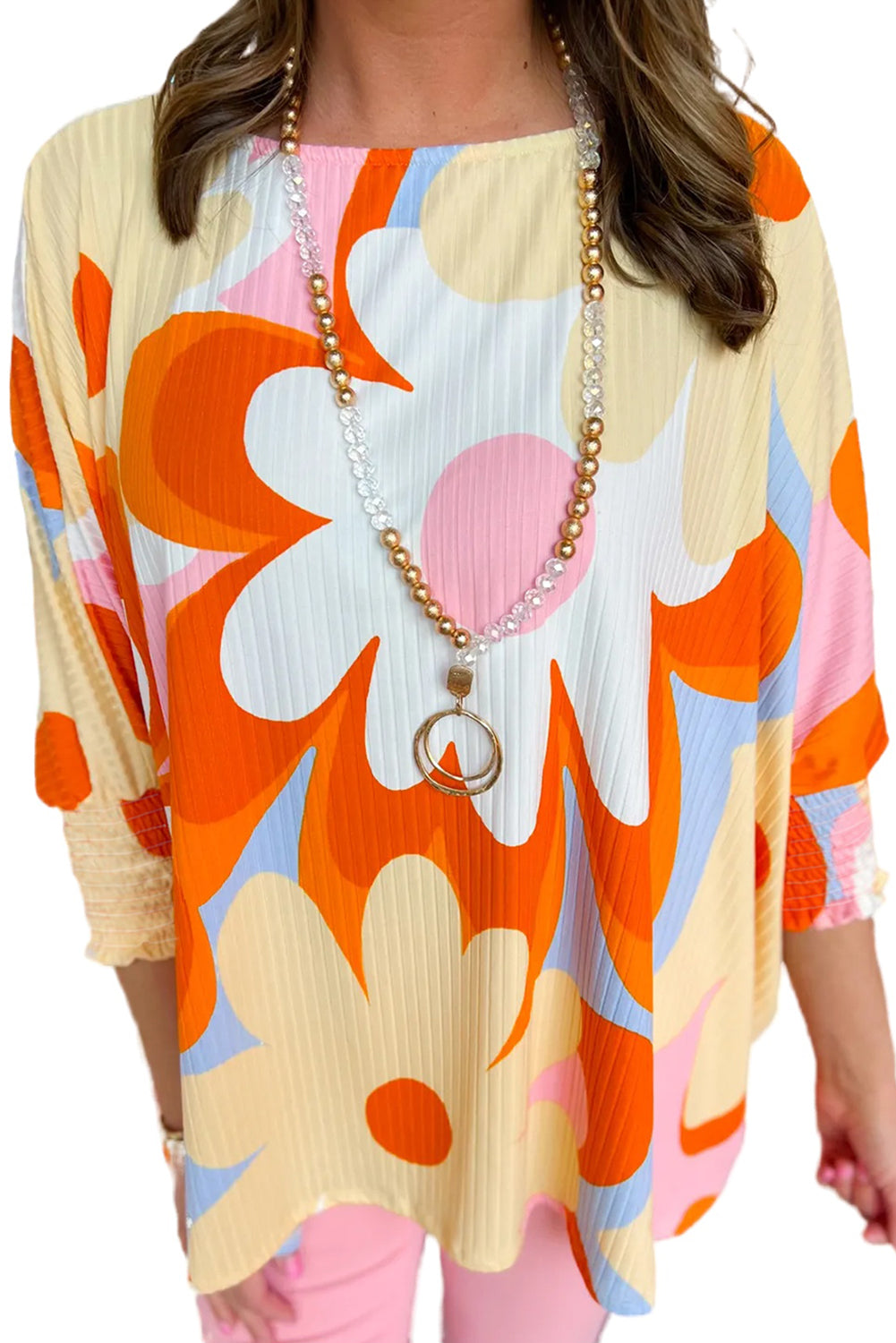 Floral Ribbed 3/4 Sleeve Blouse