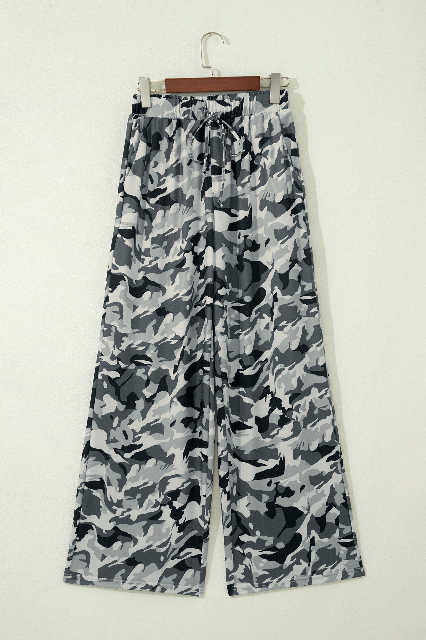 Camo Drawstring High Waist Wide Leg Pants