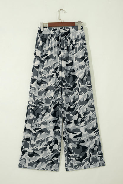 Camo Drawstring High Waist Wide Leg Pants