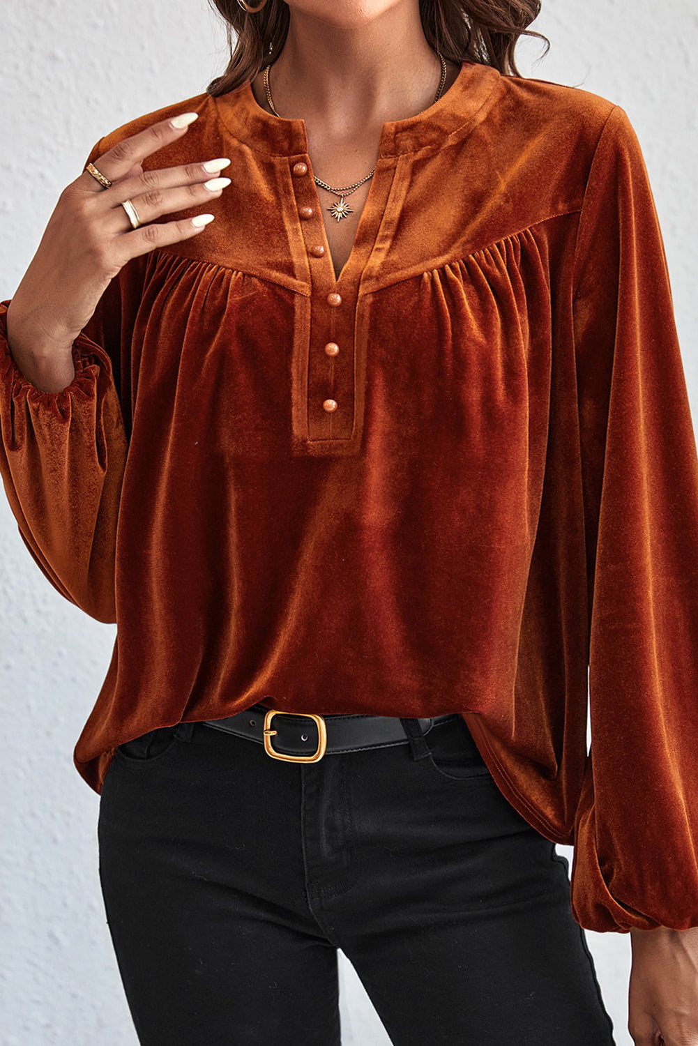 Velvet Lantern Sleeve V-Neck Top